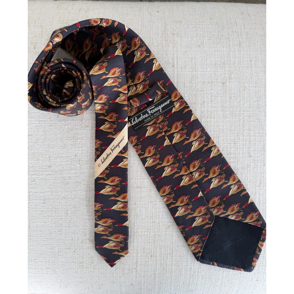 Salvatore Ferragamo Mens Silk Whimsical Duck Luxury Necktie Black Made in Italy